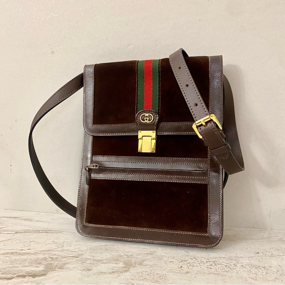 VINTAGE GUCCI Sherry line Suede Leather Shoulder Bag 💼 Brown